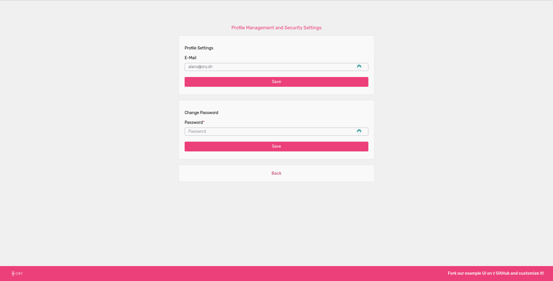 Ory Cloud Managed User Interface Account Settings